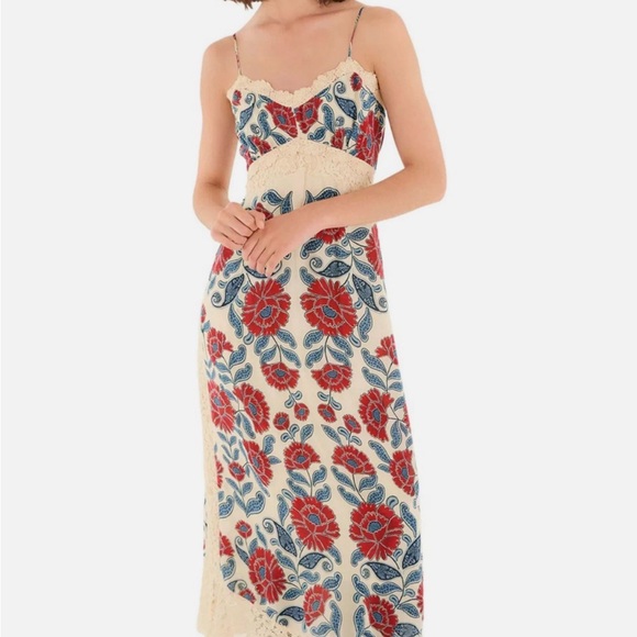 FARM Rio Dresses & Skirts - NWT FARM Rio Francesca Sand Midi Dress Cream with Red and Blue Floral Design